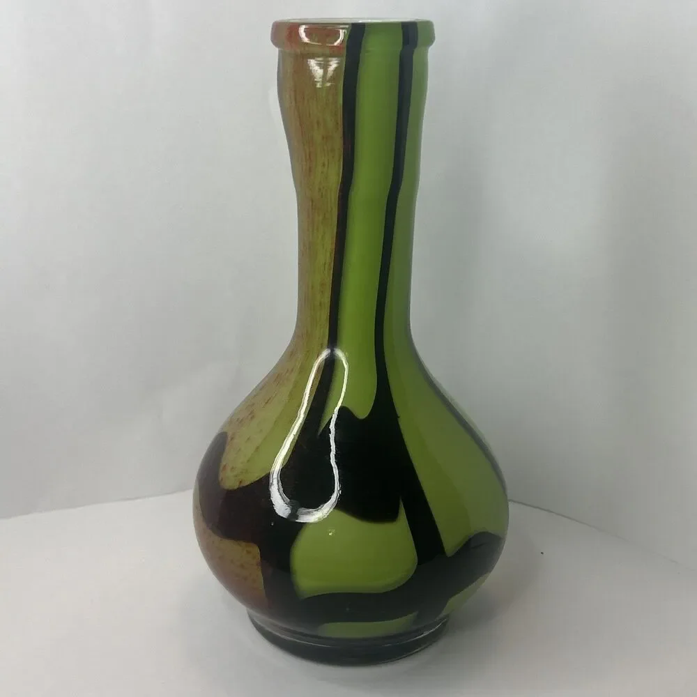 MCM Vtg Green Red Hand Blown Murano Vase 11 Inches